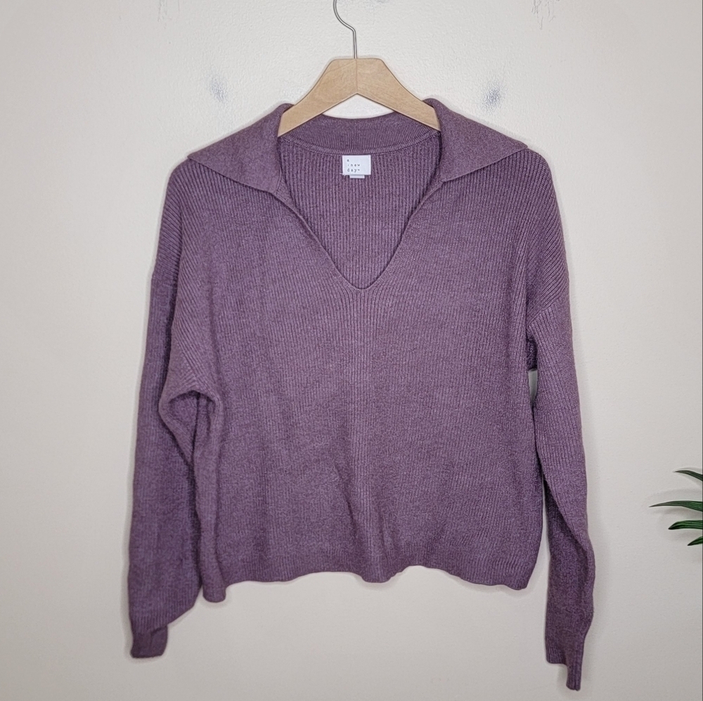 A New Day Heathered Purple Collared Ribbed V-neck Pullover Sweater Size Medium